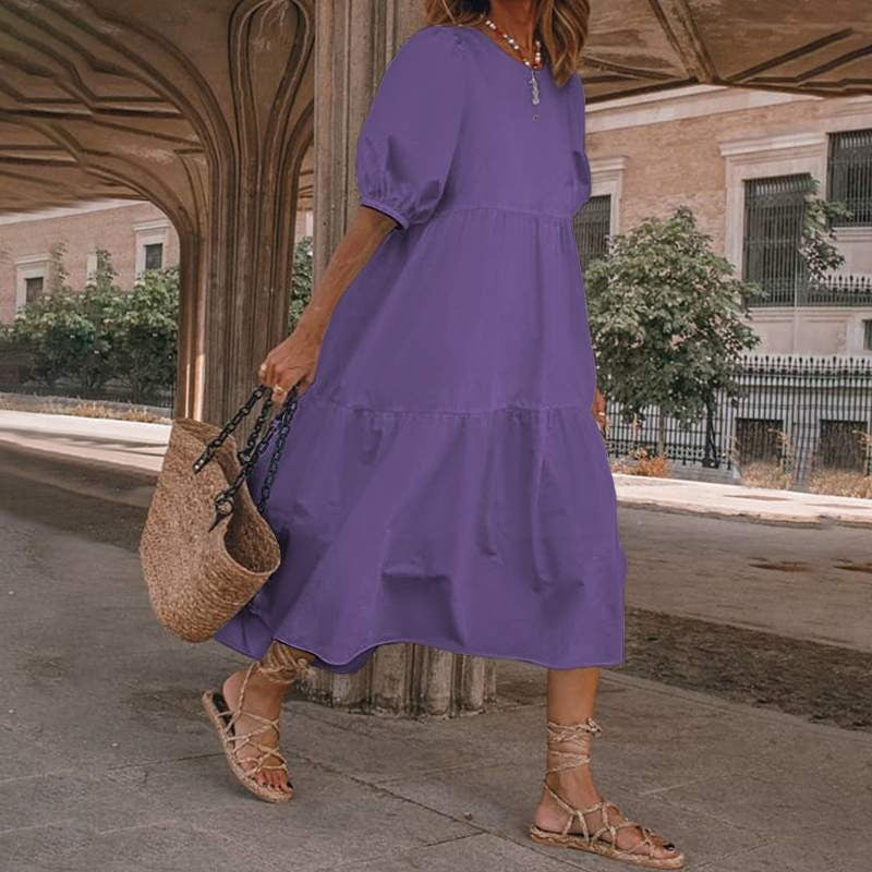 Women’s Midi Dress – Cotton Blend – A-Line Fit – V-Neck Puff Sleeve Boho Style
