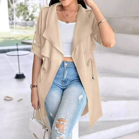 Women’s Trench Coat – Relaxed Fit – Cinched Waist – Cotton Blend – Mid Length