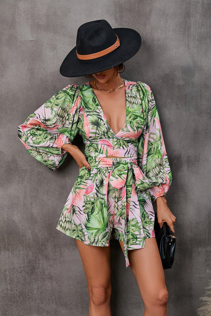 Women’s Two-Piece Set – V-Neck – Crop Top – Long Sleeve – Tie Waist Mini Skirt – Floral Print