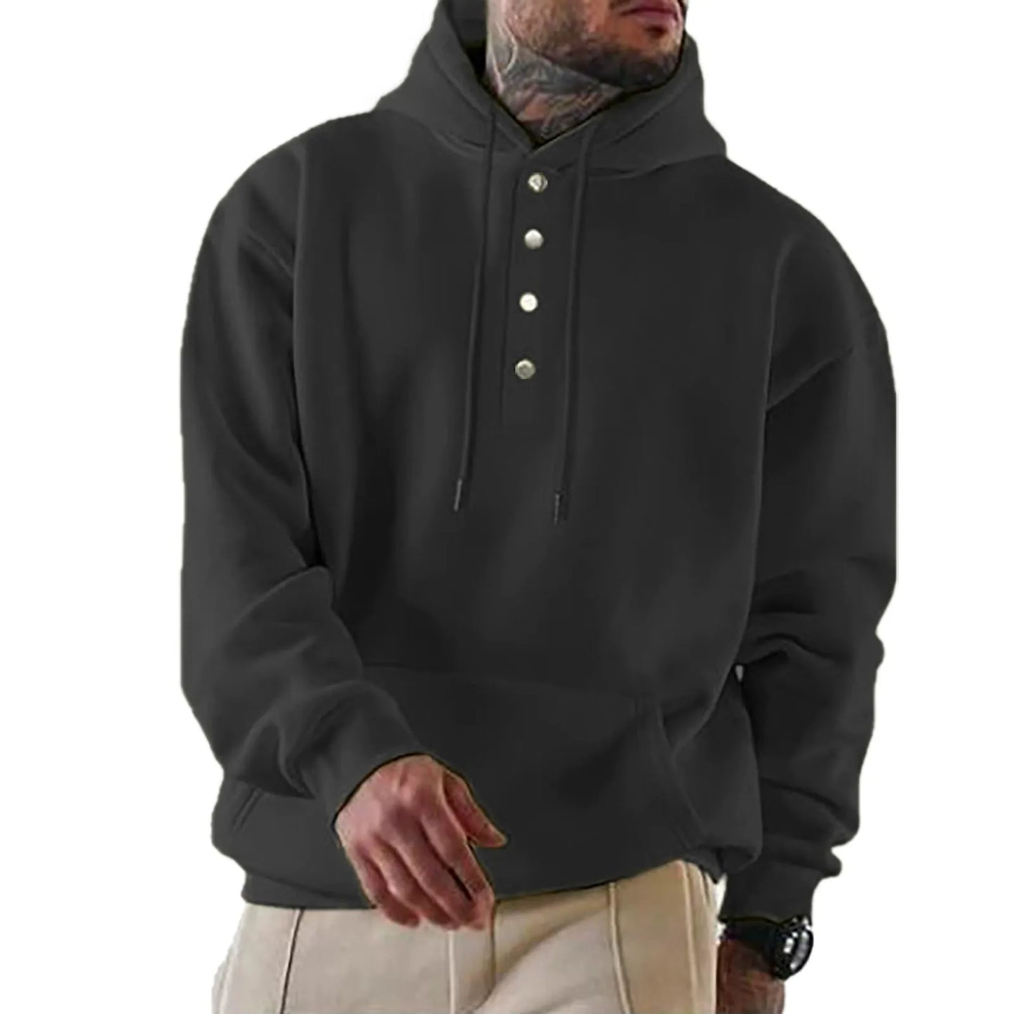 Men’s Hooded Sweatshirt – Loose Fit – Fleece Feel – Snap Button Front – Casual Wear