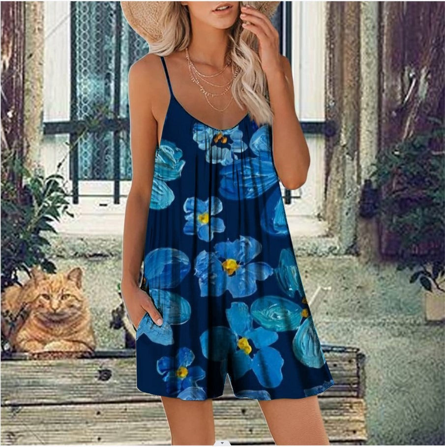 Women’s Romper – Loose Fit – Cotton Blend – Spaghetti Strap – Scoop Neck – Floral Print – With Pockets