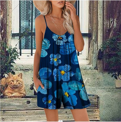 Women’s Romper – Loose Fit – Cotton Blend – Spaghetti Strap – Scoop Neck – Floral Print – With Pockets