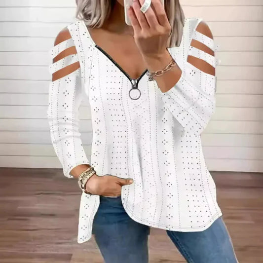 Women’s V-Neck T-Shirt – Loose Fit – Zipper Neckline – Cut-Out Sleeves – Cotton Blend