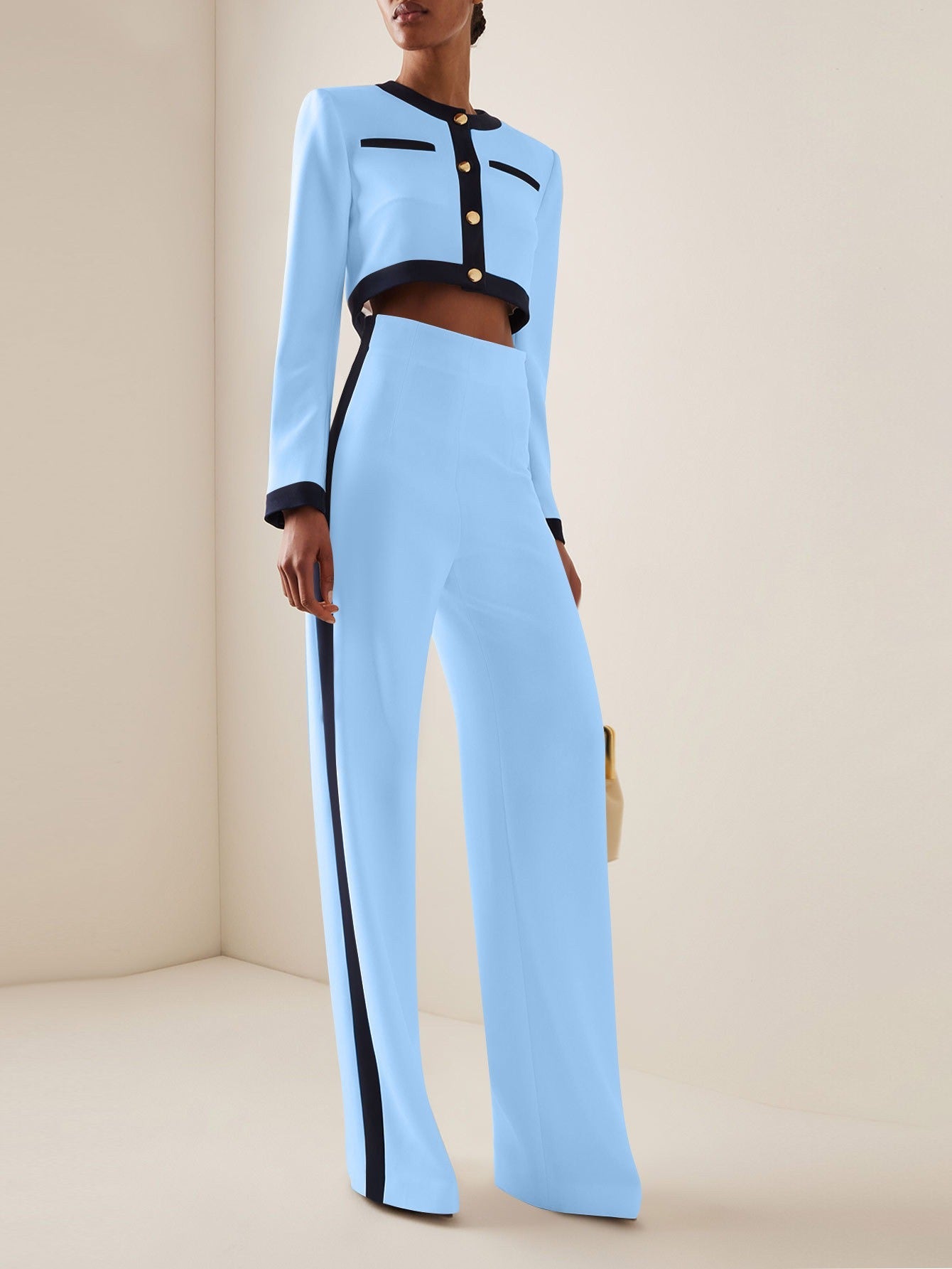 Women’s Pantsuit Set – Cropped Blazer – High Waist Wide Leg – Contrast Trim – Tailored Fit