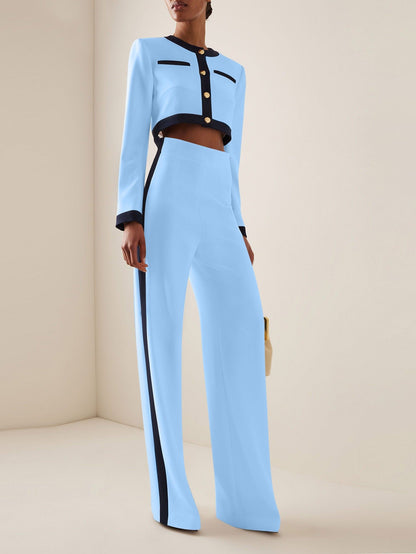 Women’s Pantsuit Set – Cropped Blazer – High Waist Wide Leg – Contrast Trim – Tailored Fit