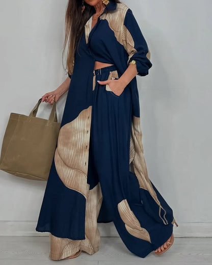 Women’s Two-Piece Set – Button-Down Tunic Shirt – Wide-Leg Pants – Oversized Fit