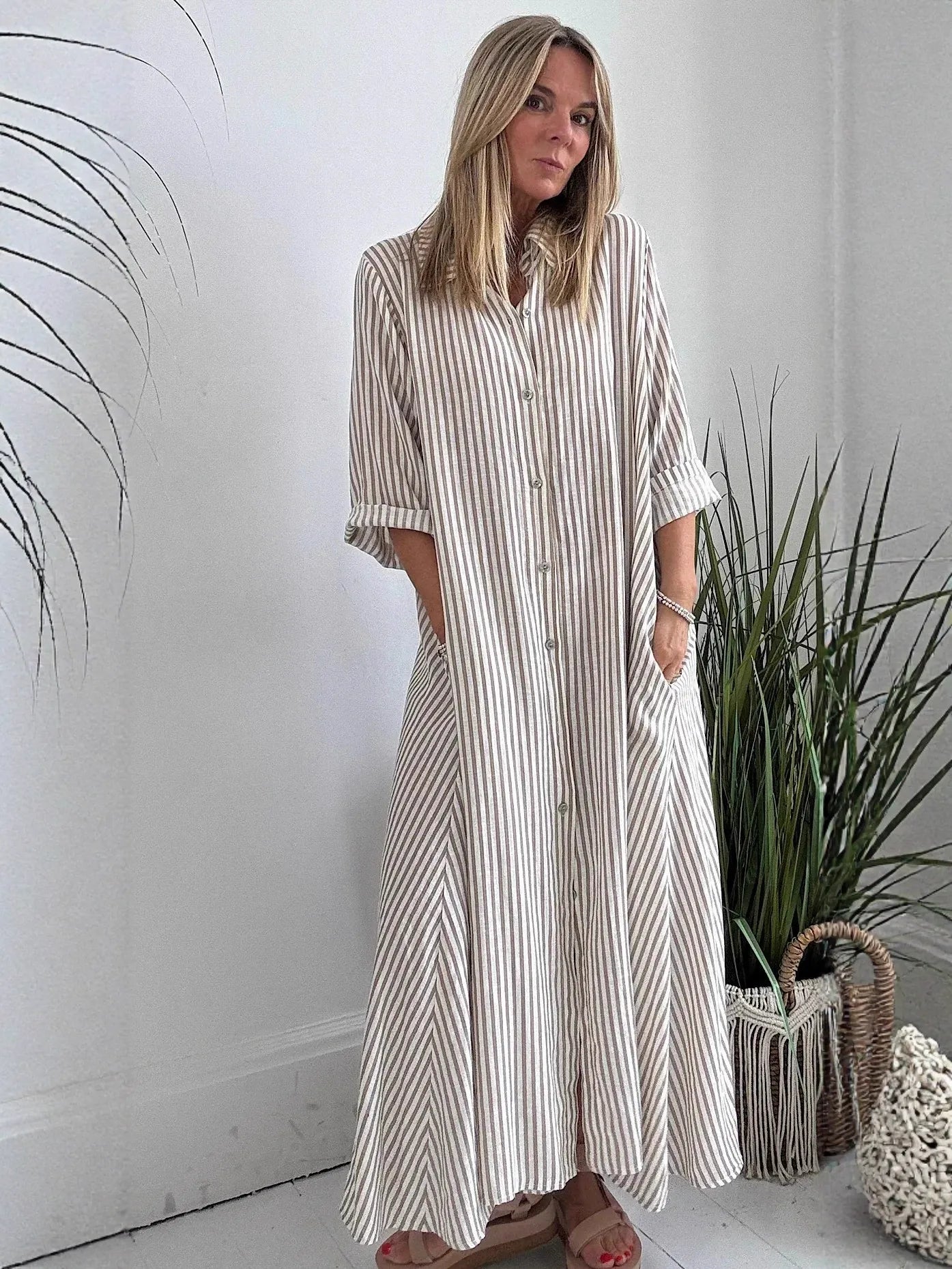 Women’s Maxi Dress – Cotton Blend – Relaxed Fit – Striped – Button Front – Lapel Collar – 3/4 Sleeve