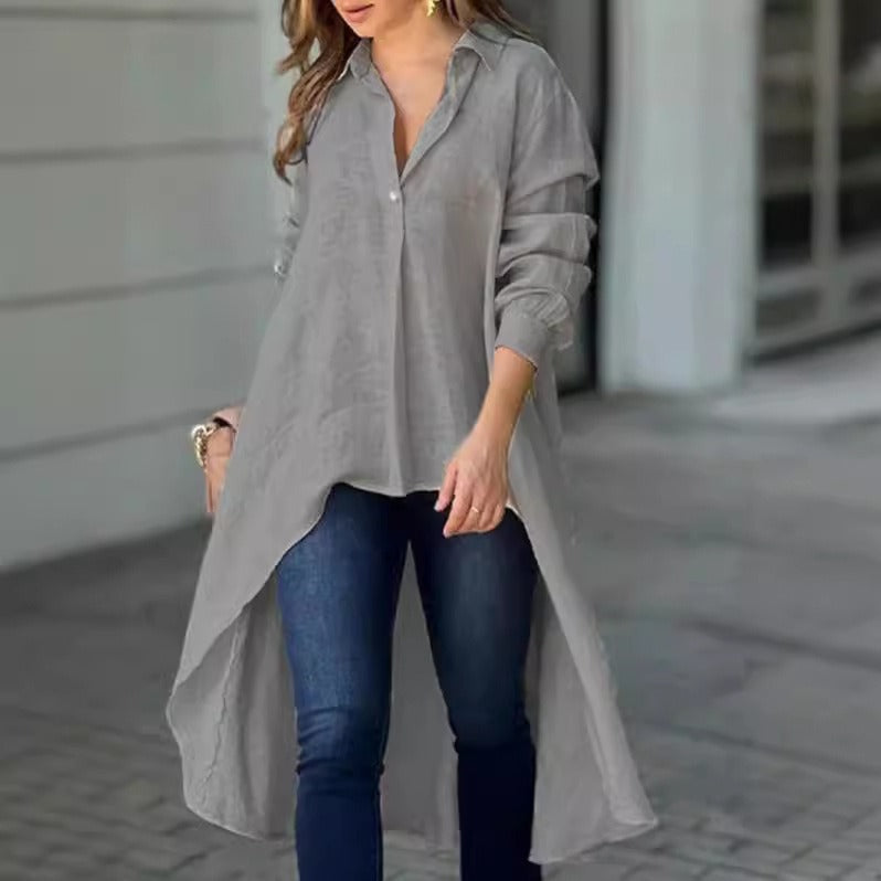Women's Oversized Shirt - Linen - Relaxed Fit - Button Down - High-Low Hem