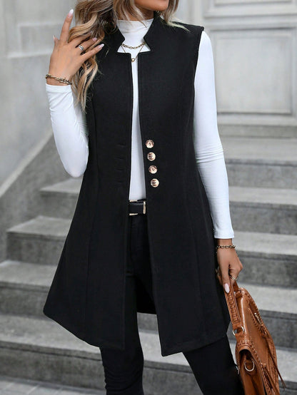 Women’s Sleeveless Jacket – Wool Blend – Tailored Fit – High Collar – Open Front