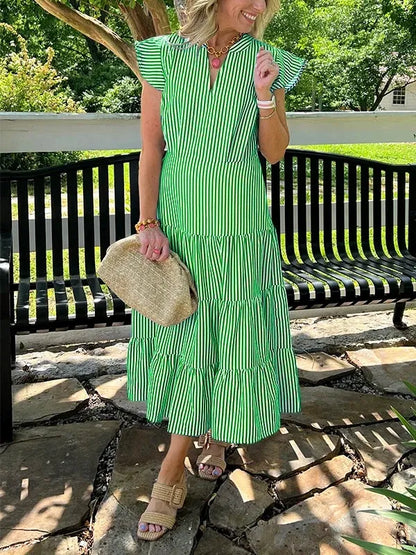 Women’s Midi Dress – Cotton – Relaxed Fit – V-Neck – Striped Tiered Skirt – Flying Sleeves