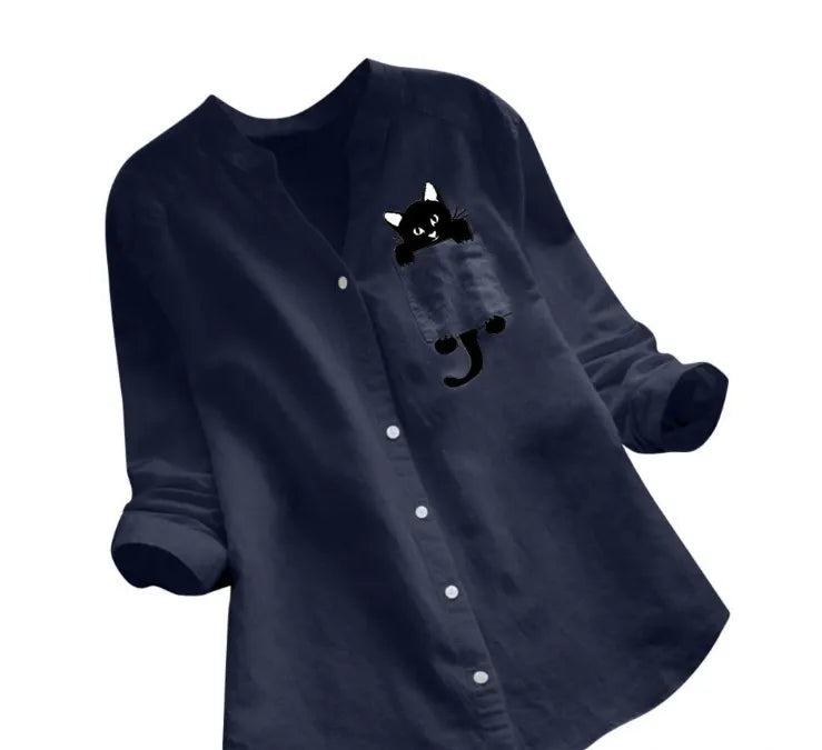 Women’s Long Sleeve Shirt – Cotton Linen – Loose Fit – Button Down – Cat Print Casual