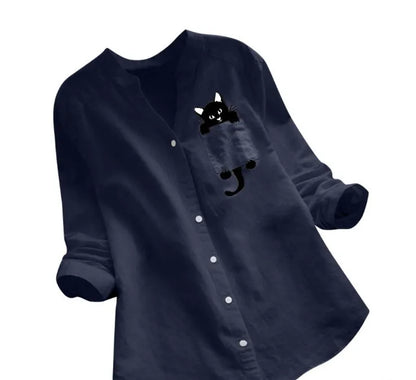 Women’s Long Sleeve Shirt – Cotton Linen – Loose Fit – Button Down – Cat Print Casual