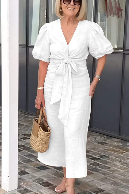 Women’s Midi Dress – V-Neck – Puff Sleeve – Lace-Up Waist – Tailored Fit – Cotton
