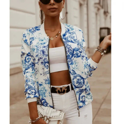 Women’s Cropped Jacket – Slim Fit – Bold Leaf Print – Zip Front – Ribbed Trim