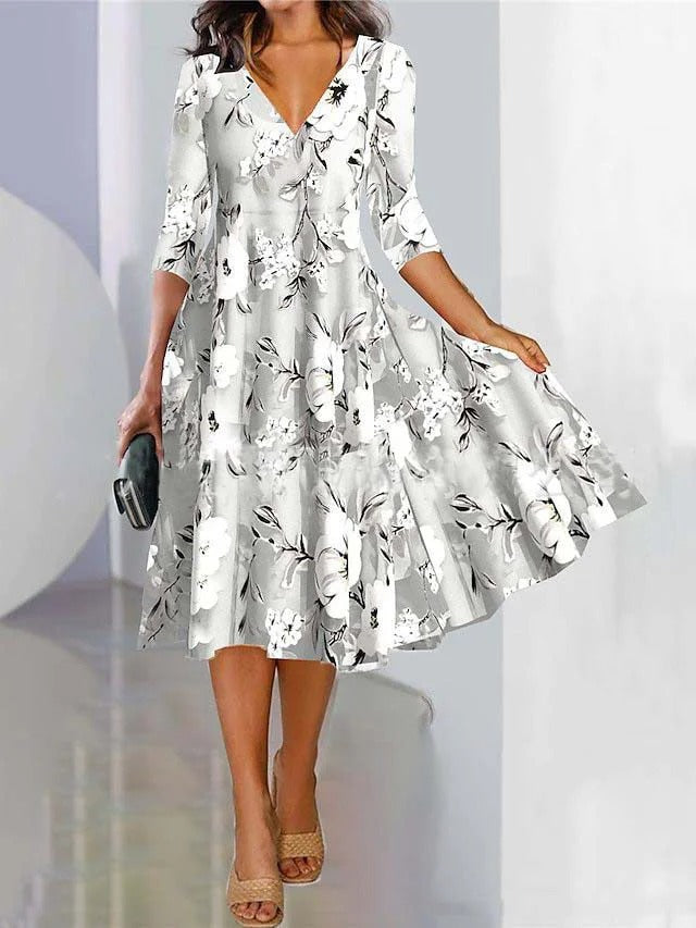 Women’s Midi Dress – V-Neck – A-Line Fit – Three-Quarter Sleeve – Breathable Cotton