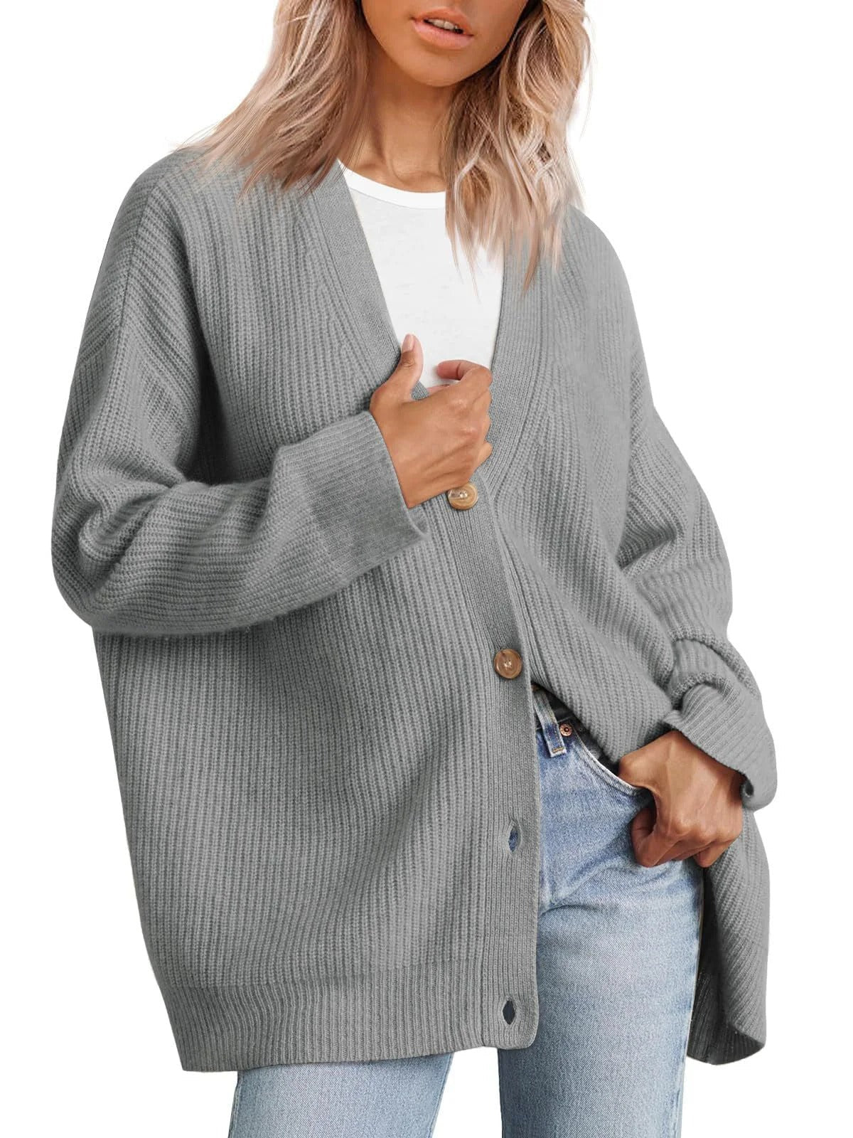 Women’s Cardigan – Oversized Fit – Ribbed Knit – Button Front V-Neck – Casual Layering