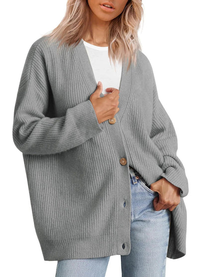 Women’s Cardigan – Oversized Fit – Ribbed Knit – Button Front V-Neck – Casual Layering
