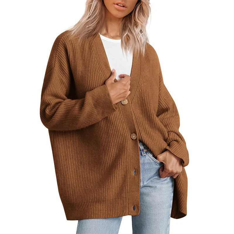 Women’s Cardigan – Oversized Fit – Ribbed Knit – Button Front V-Neck – Casual Layering