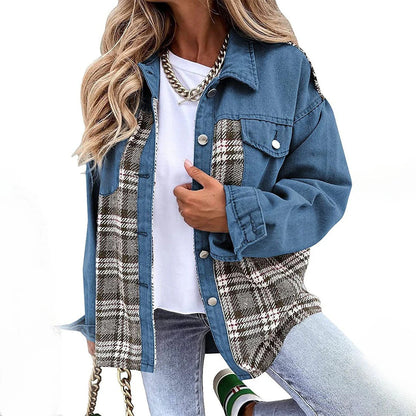 Women’s Jacket – Relaxed Fit – Wool Plaid Panels – Button Front – Hip Length – Casual