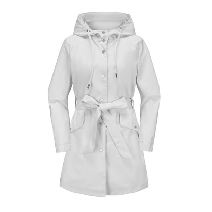 Women’s Windbreaker Jacket – Water-Repellent – Hooded – Belted Waist – Mid-Thigh Length