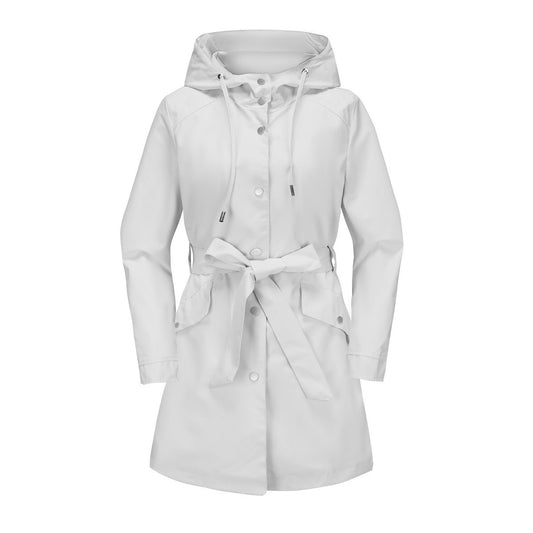 Women’s Windbreaker Jacket – Water-Repellent – Hooded – Belted Waist – Mid-Thigh Length
