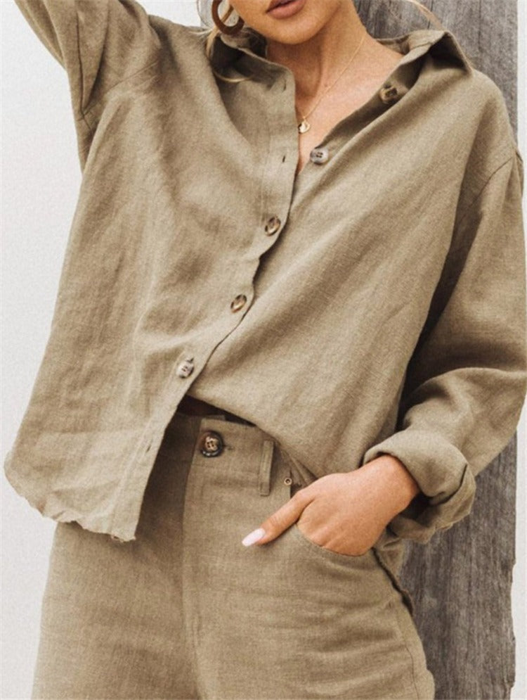 Women’s Shirt – Loose Fit – Cotton Linen – Long Sleeve – Button Front – Lapel Collar