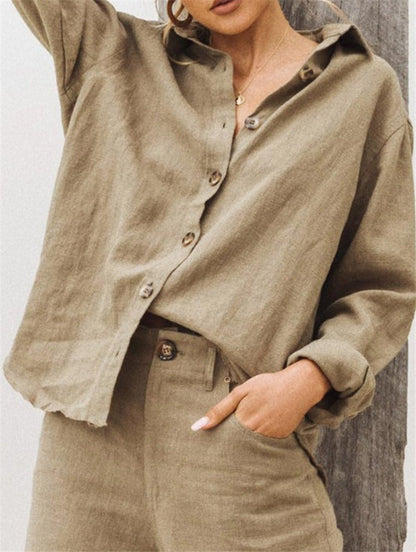 Women’s Shirt – Loose Fit – Cotton Linen – Long Sleeve – Button Front – Lapel Collar