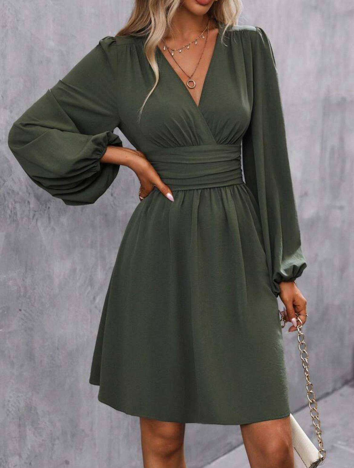 Women’s V-Neck Dress – A-Line Fit – Ruched Waist – Balloon Sleeves – Soft Fabric