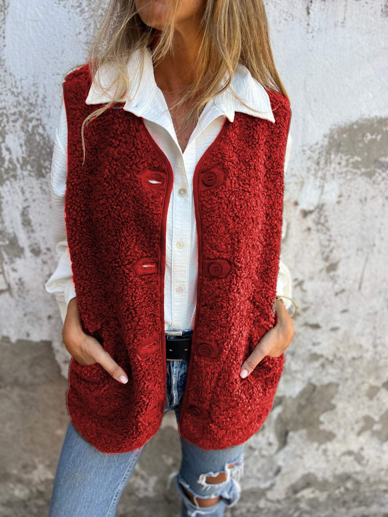 Women’s Vest – Shearling Fleece – Relaxed Fit – Button Front – Casual Layer