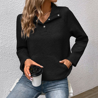 Women’s Sweatshirt – Quilted Pullover – Relaxed Fit – Stand Collar with Pocket