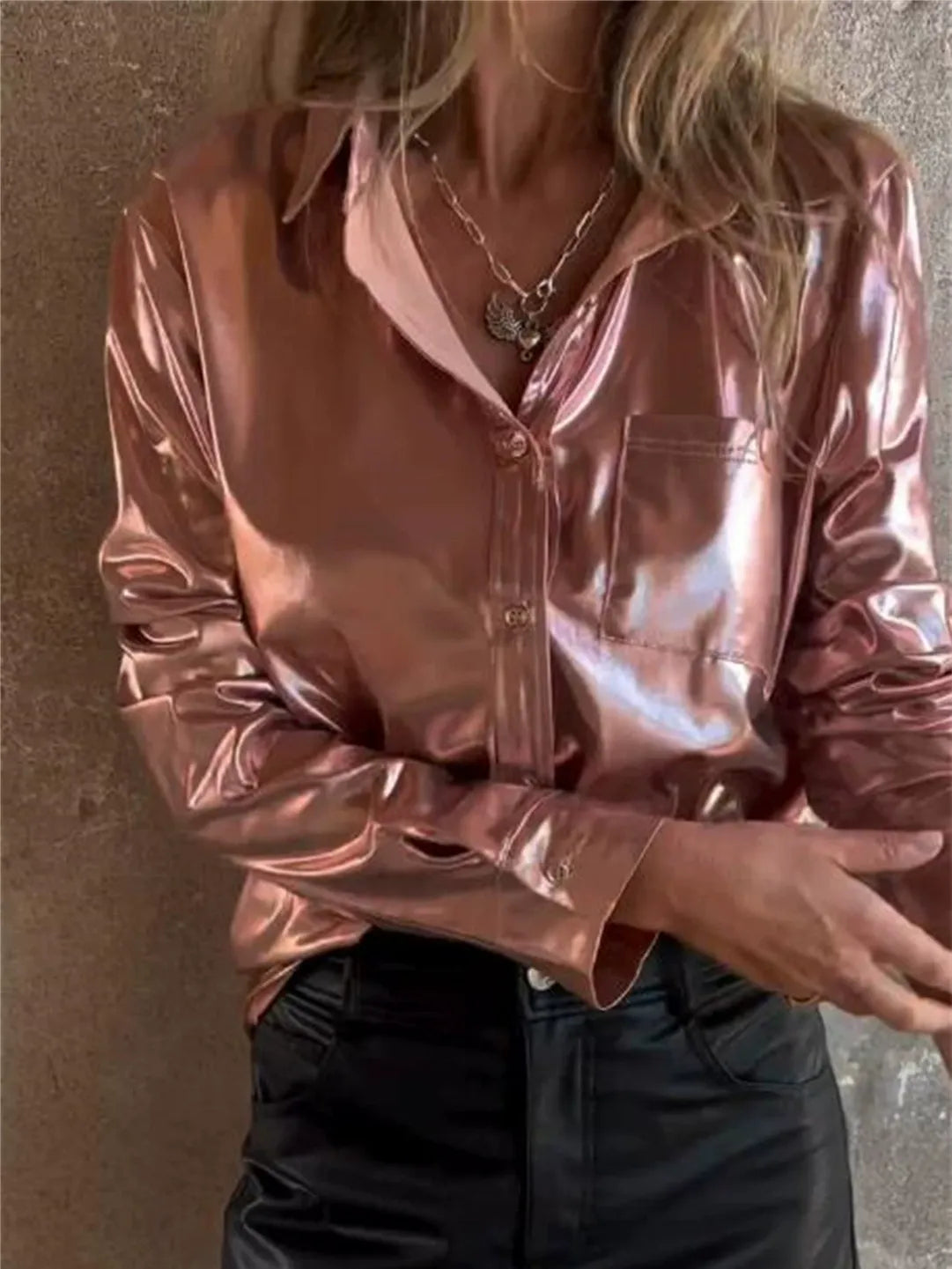 Women’s Button-Down Shirt – Faux Leather Look – Relaxed Fit – Long Sleeve Casual Wear