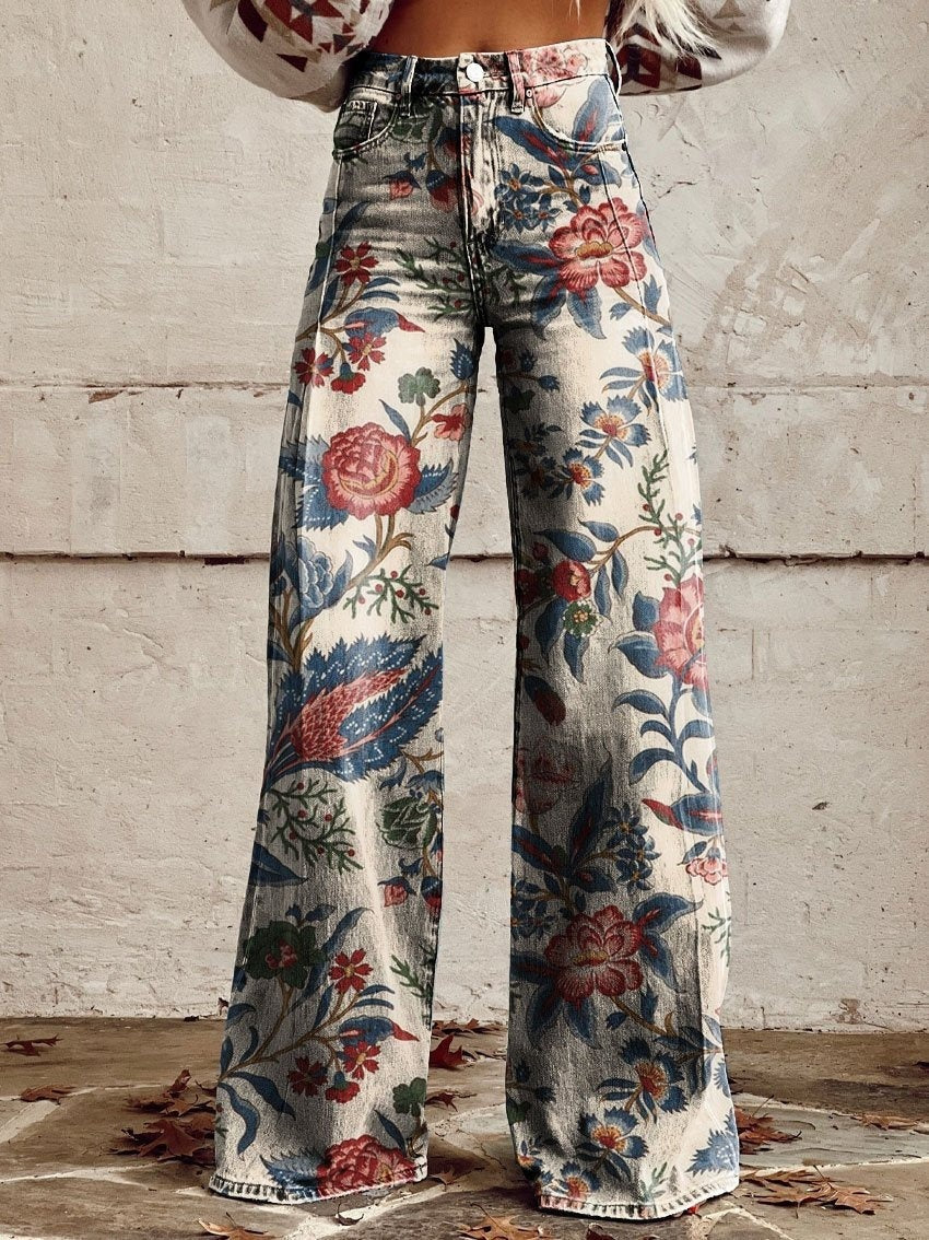 Women’s Flared Trousers – Vintage Print – Cotton Feel – Full Length Casual Fit