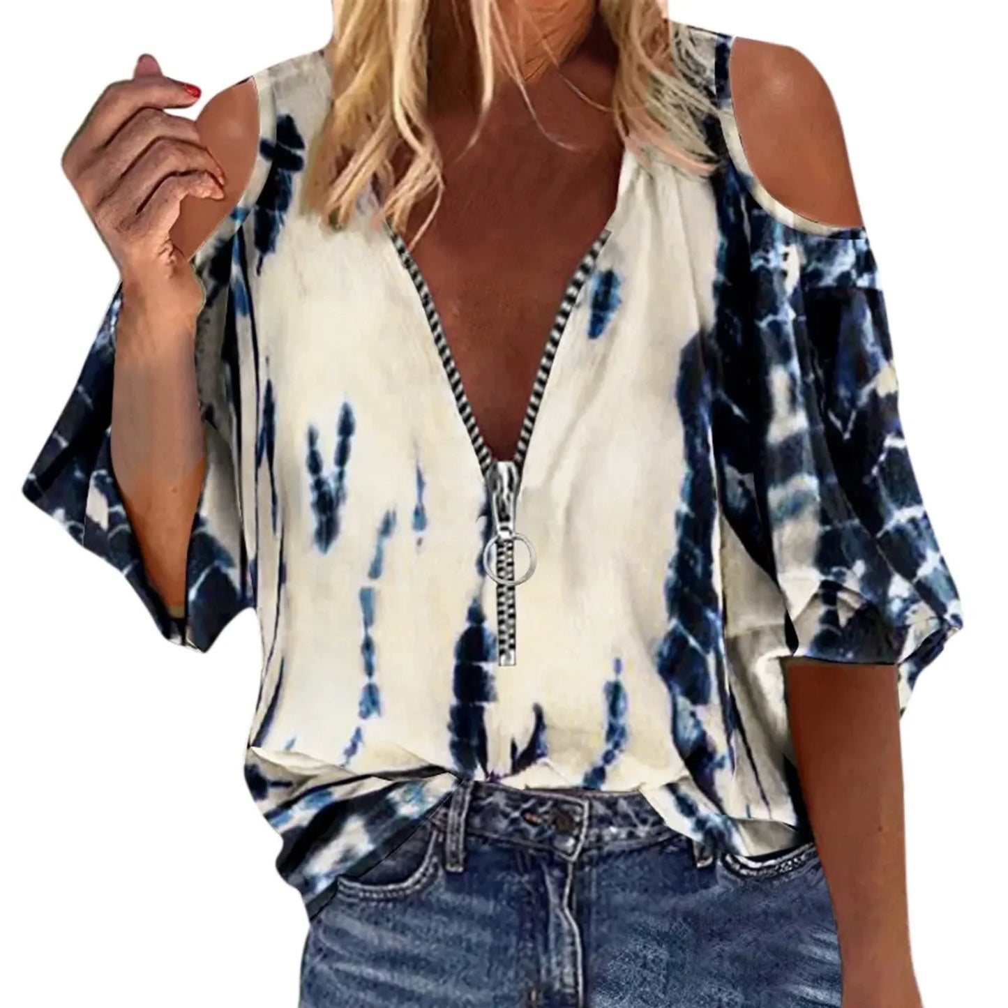 Women’s Off-Shoulder Blouse – Loose Fit – Zipper Front – Artistic Print – Long Sleeve