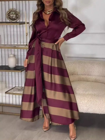 Women’s Maxi Dress – A-Line Fit – Satin – Buttoned Top – Waist Tie Skirt