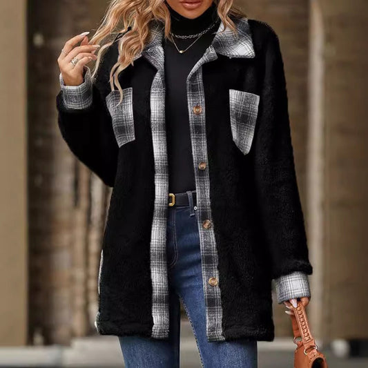 Women’s Shacket Jacket – Oversized Fit – Plush Fleece – Plaid Contrast Details