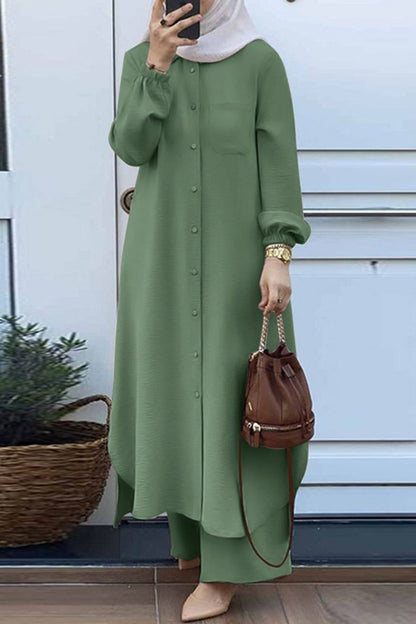 Women’s Tunic Set – Relaxed Fit – Stand Collar – Long Sleeve – Full-Length Trousers