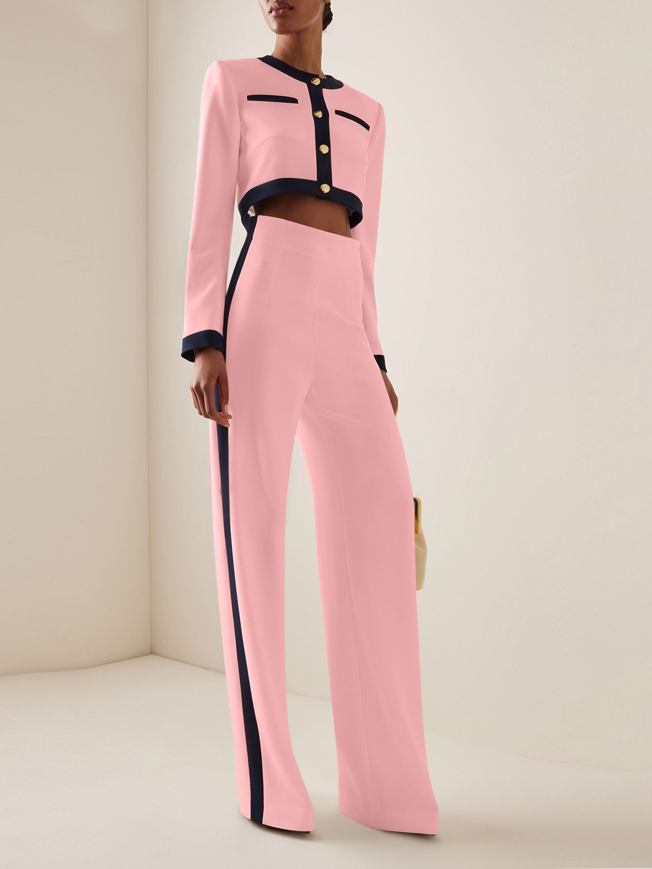 Women’s Pantsuit Set – Cropped Blazer – High Waist Wide Leg – Contrast Trim – Tailored Fit
