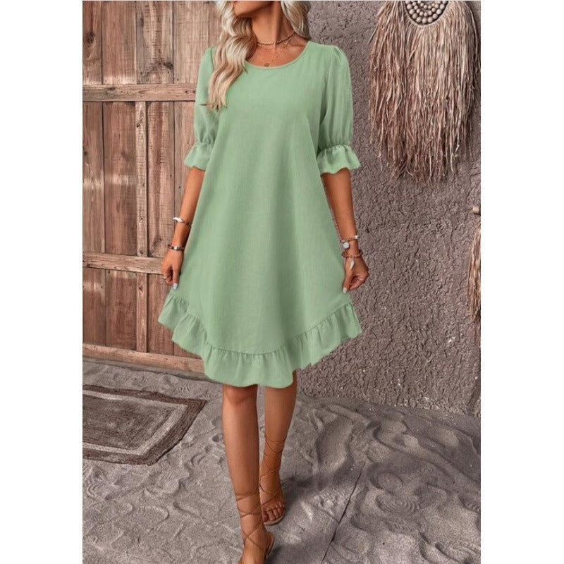 Women’s A-Line Dress – Cotton Linen – Knee Length – Ruffle Trim – Relaxed Fit