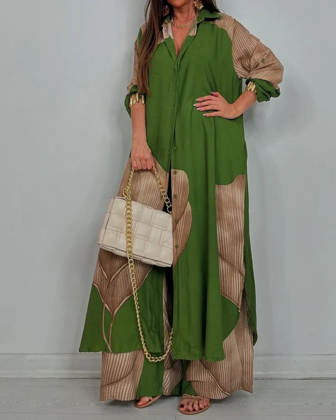 Women’s Two-Piece Set – Button-Down Tunic Shirt – Wide-Leg Pants – Oversized Fit