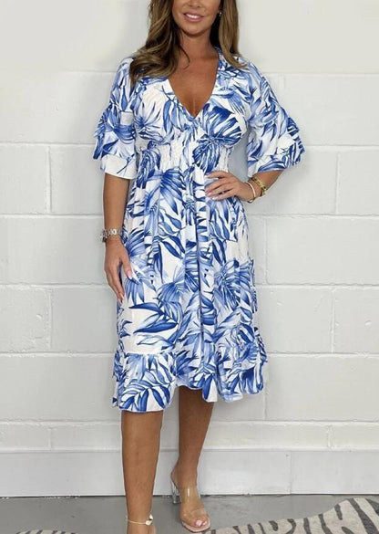 Women’s Midi Dress – Loose Fit – High Waist – Botanical Print – Cotton – V-Neck – Ruffle Sleeve