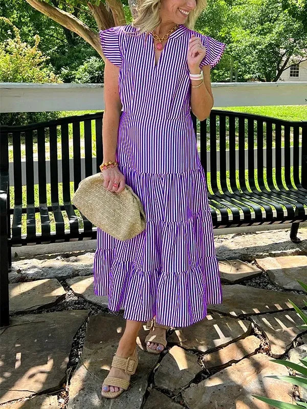 Women’s Midi Dress – Cotton – Relaxed Fit – V-Neck – Striped Tiered Skirt – Flying Sleeves