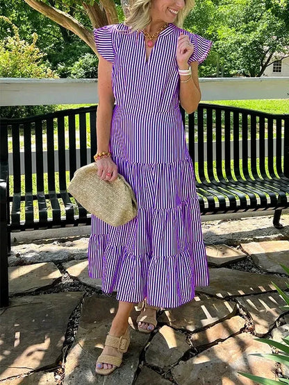 Women’s Midi Dress – Cotton – Relaxed Fit – V-Neck – Striped Tiered Skirt – Flying Sleeves