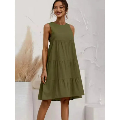 Women’s Sleeveless Dress – Cotton Blend – Loose Fit – Tiered Ruffle Midi Length