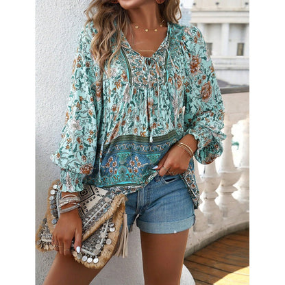 Women’s Blouse – Flowy Fit – Bohemian Print – V-Neck with Tie – Long Puff Sleeves