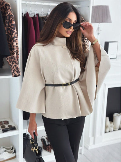 Women’s Cape Coat – Tailored Fit – Wool Blend – High Neck – Belted Waist Elegant Style