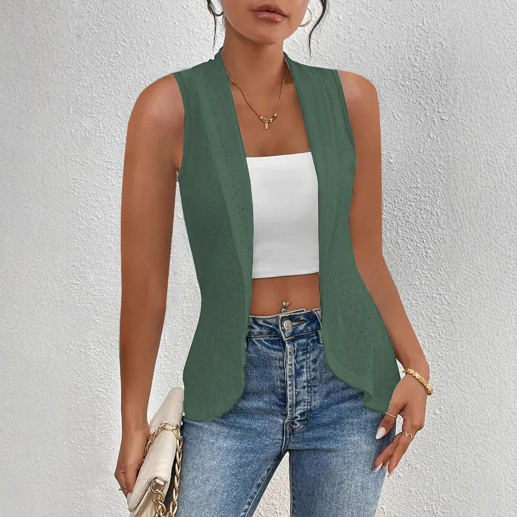 Women’s Vest – Slim Fit – Jacquard Texture – Cropped Open Front Sleeveless Layer