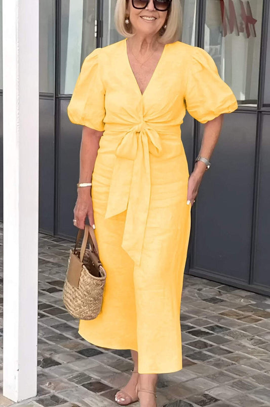 Women’s Midi Dress – V-Neck – Puff Sleeve – Lace-Up Waist – Tailored Fit – Cotton