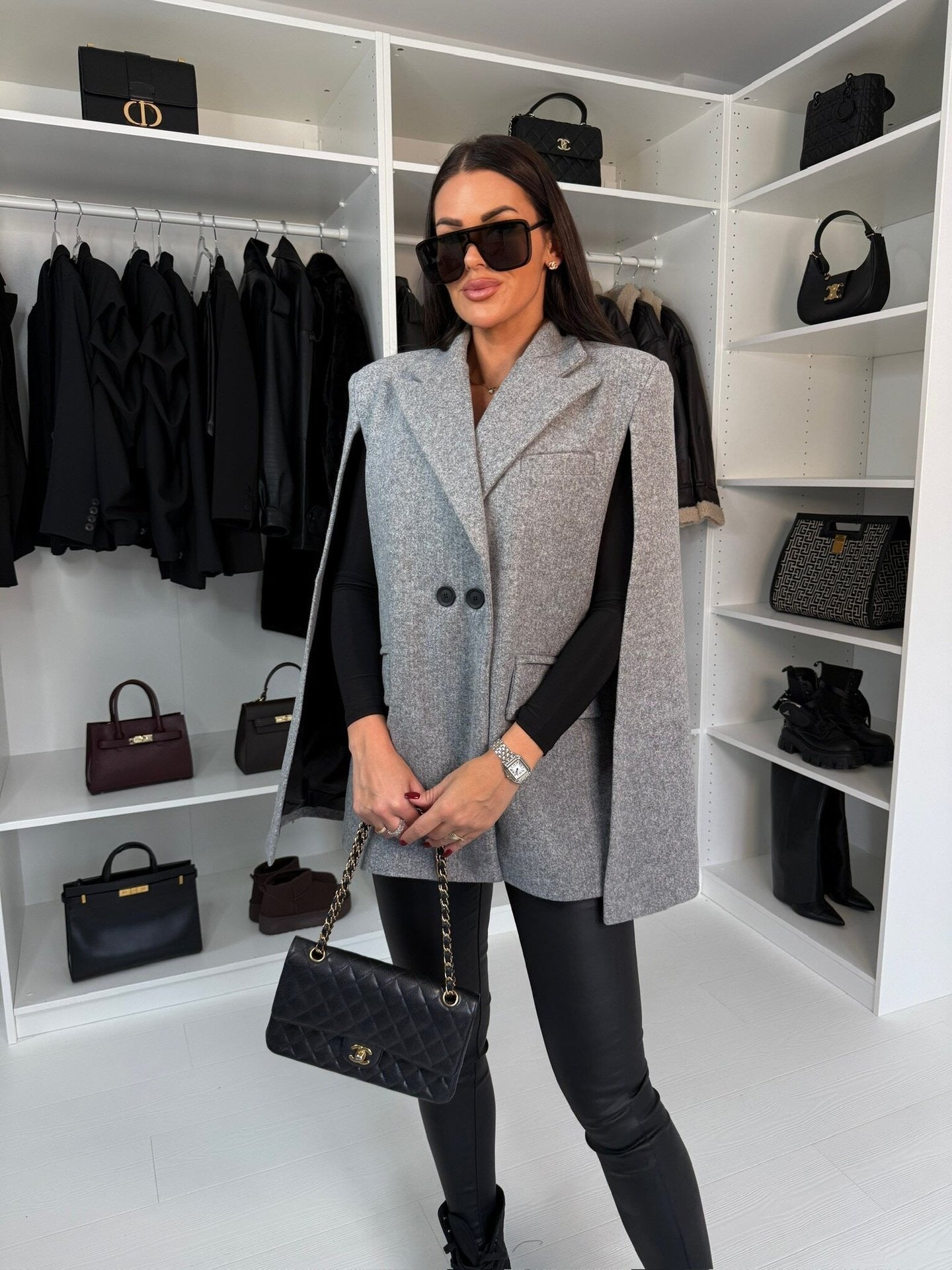 Women’s Cape Coat – Wool – Loose Fit – Button Front – Lapel Collar – Hip Length