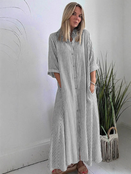 Women’s Maxi Dress – Cotton Blend – Relaxed Fit – Striped – Button Front – Lapel Collar – 3/4 Sleeve