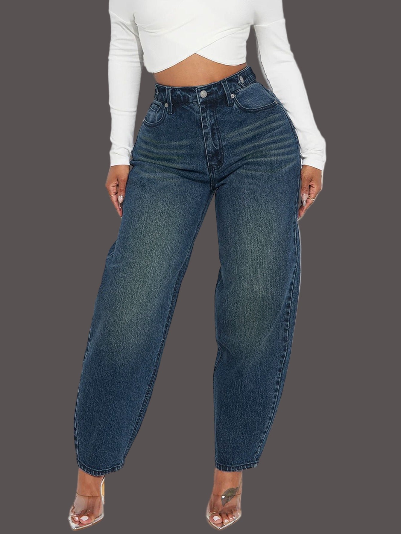 Women’s Jeans – High Waist – Relaxed Tapered Leg – Washed Denim